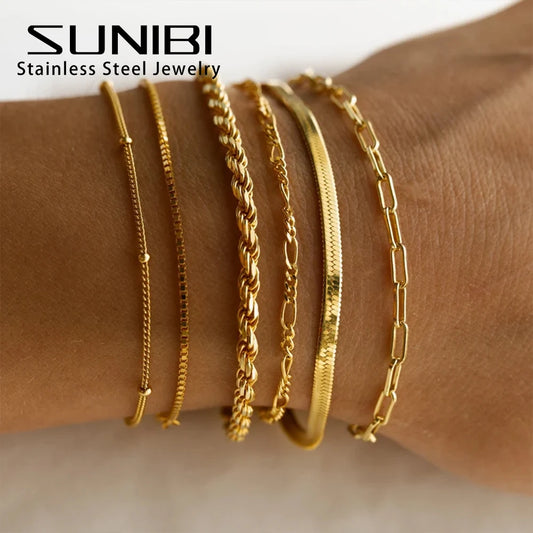 SUNIBI Classic Snake Chain Bracelets for Women Trend Gold Plated Stainless Steel Cuban Chain Bracelet Trendy Woman Gifts Jewelry