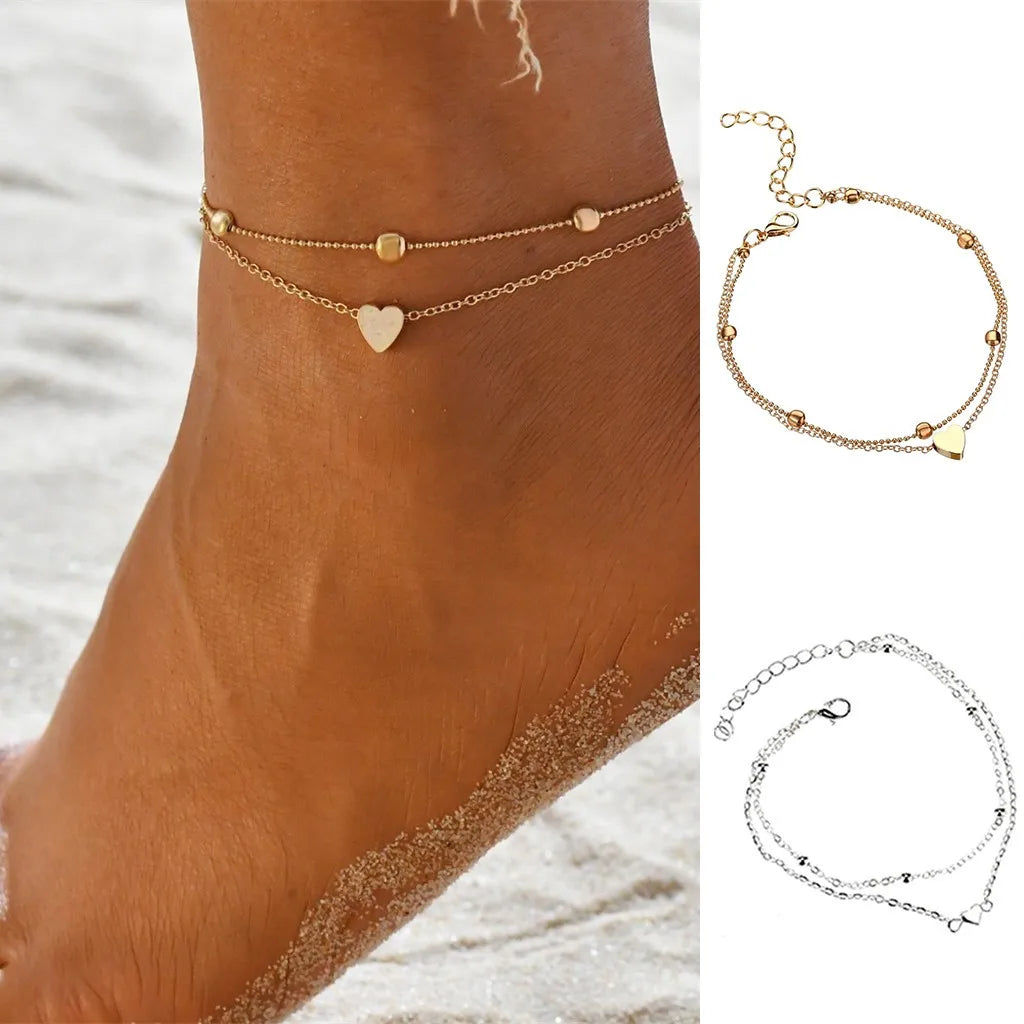 Anklets Women Heart Silver Color Ankle Bracelet Stainless Steel Charm Beaded Dainty Foot Jewelry for Women