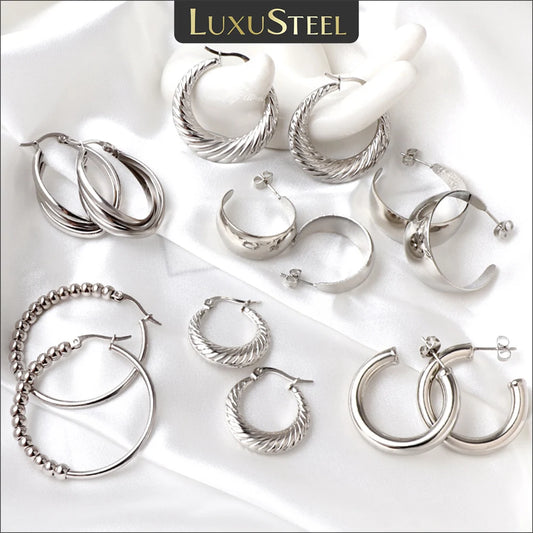 LUXUSTEEL New 2023 Stainless Steel Metal Hoop Earrings For Women Men Unisex Anti Allergy Silver Color Geometric Punk Ear Jewelry