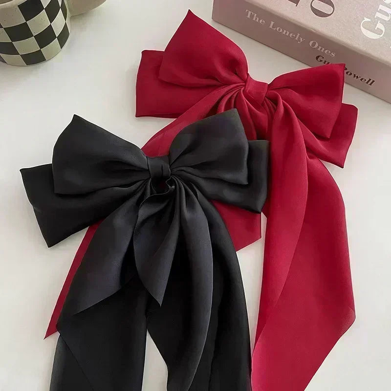 Elegant Bow Ribbon Hair Clip Fashion Simple Solid Satin Spring Clip Hair Pin Retro Headband with Clips Girls Hair Accessories