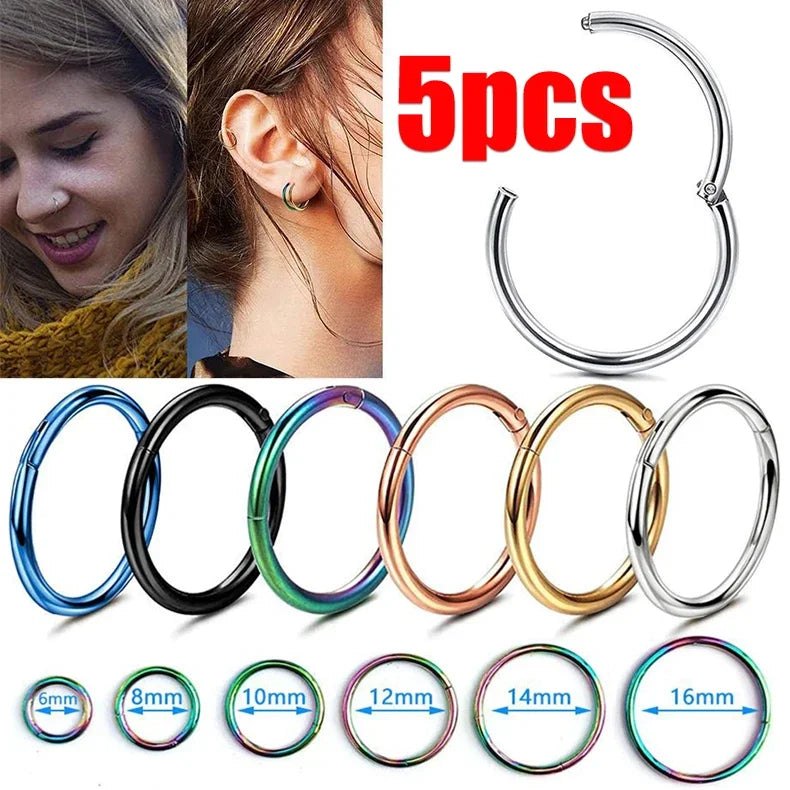 5pcs Titanium Hinged Septum Clicker Segment Nose Ring Lip Ear Cartilage Ear Helix Body Piercing Jewelry Surgical Steel Ring Hoop