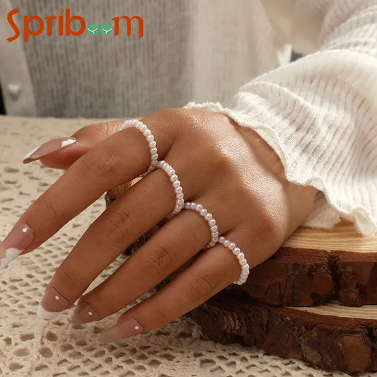 2/3/4Pcs Imitation Pearls Rings Set for Women Boho Red Blue Beaded Knuckle Ring Star Moon Pendant Open Vintage Jewelry Aesthetic