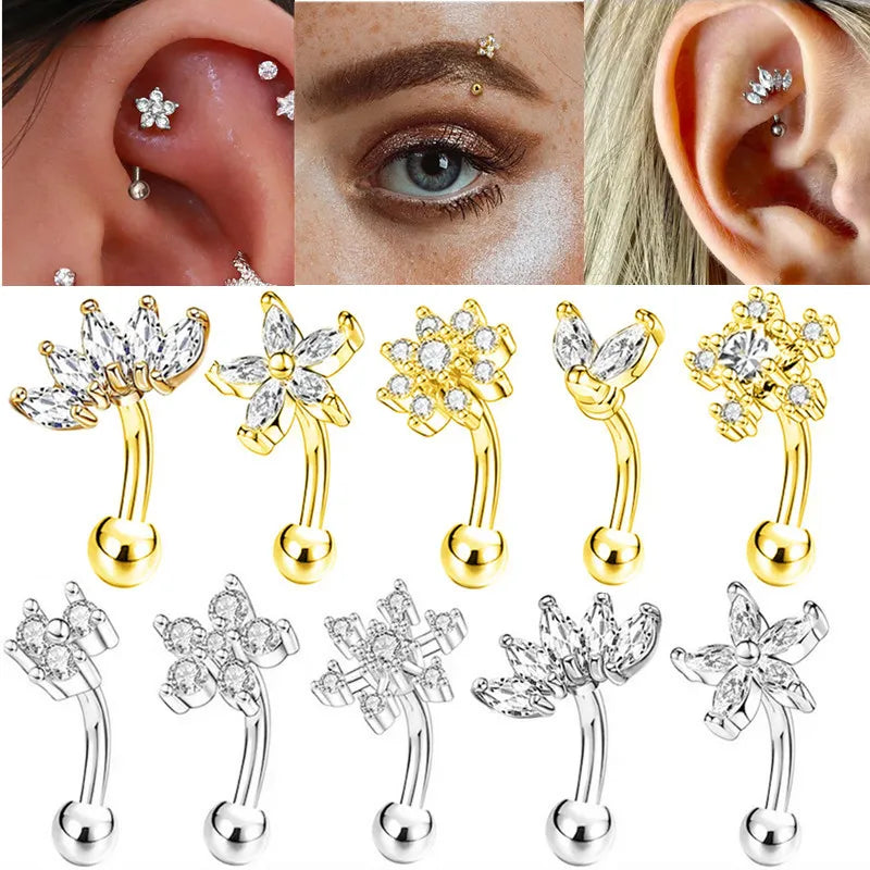 1/2PCS Stainless Steel Flower Curved Barbell Rook Piercing Heart Eyebrow Piericing Jewelry Helix Stud Cz Daith Piercing Earrings