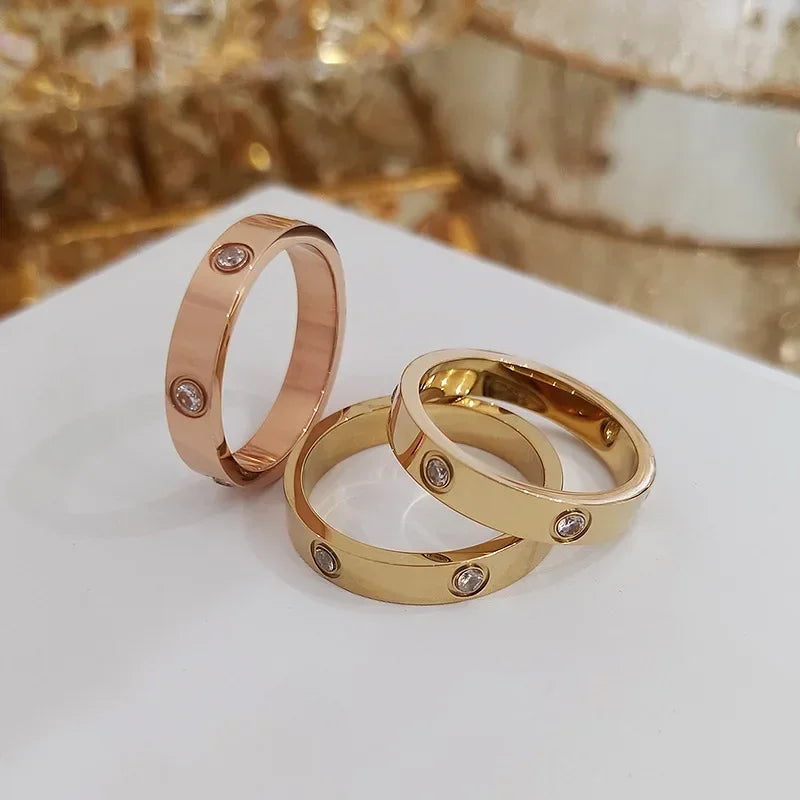 2023 Trendy Stainless Steel Rose Gold Color Love Ring for Women Men Couple Crystal Rings Luxury Brand Jewelry Wedding Ring Gift