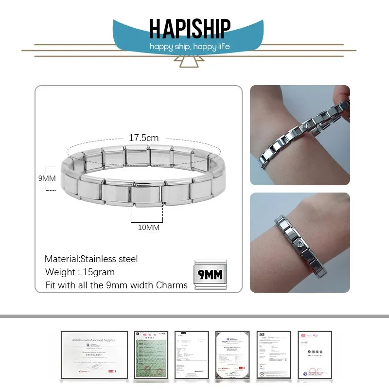 Hapiship New Women's Jewelry 9mm Width Itanlian Elastic Charm Bracelet Fashion Stainless Steel Bangle ST-